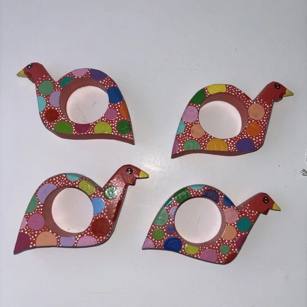 Set of 4 Vintage Hand Painted Wooden Bird Napkin Rings Red Polka Dot Folk Art